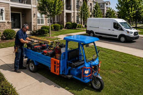 Electric utility vehicle carrying tools beside a parked commercial service van in an American property community.