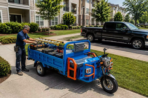 Electric utility vehicle carrying maintenance tools beside a traditional pickup truck inside an American property community
