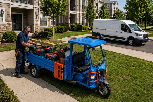 Electric utility vehicle carrying tools beside a parked commercial service van in an American property community.