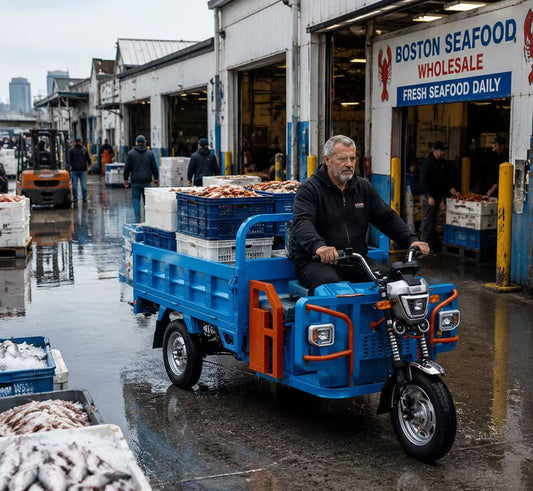 Salt-resistant electric cargo trike working in a wet seafood wholesale market