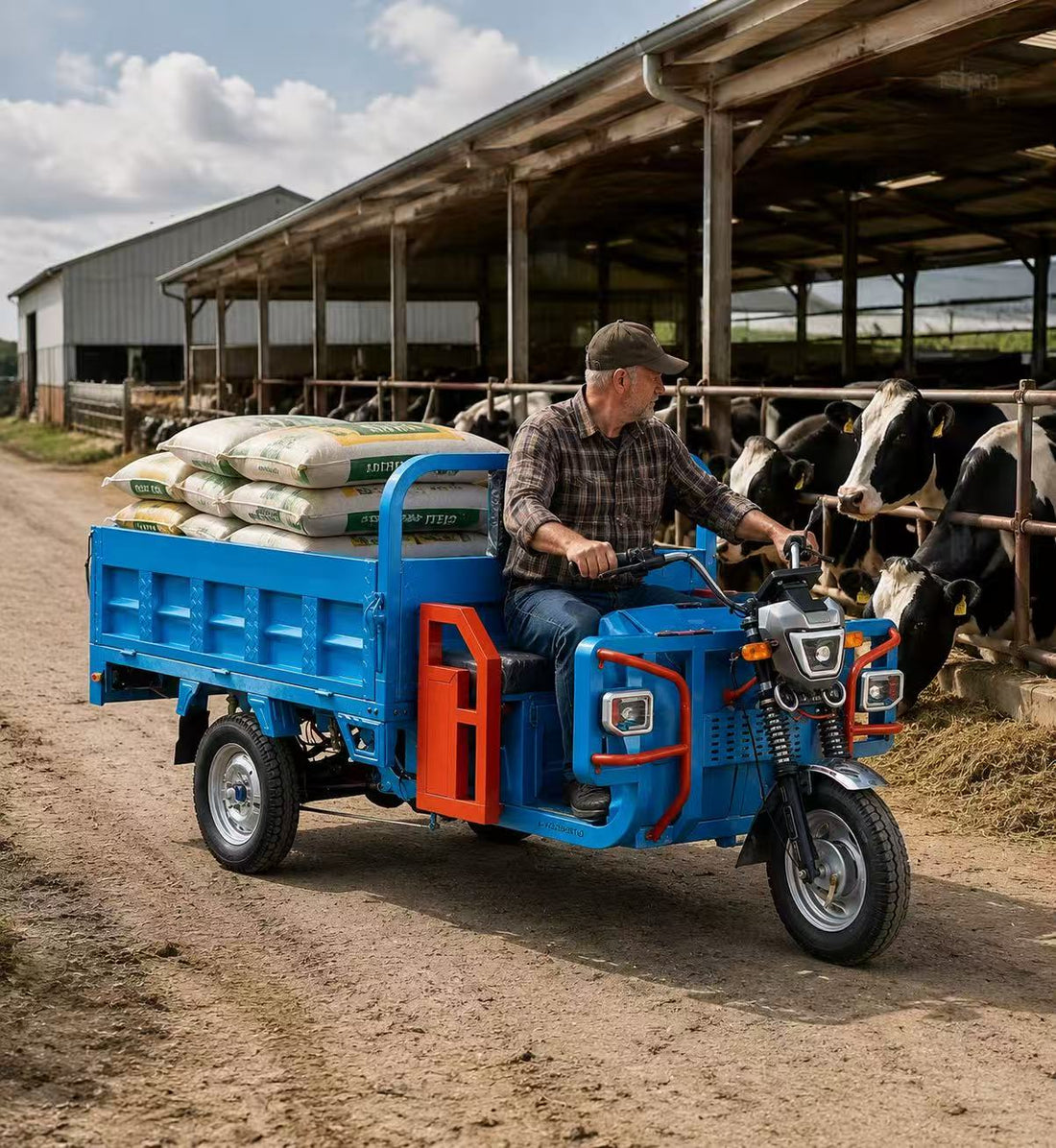 Electric utility vehicle transporting feed and farm supplies on a dairy farm