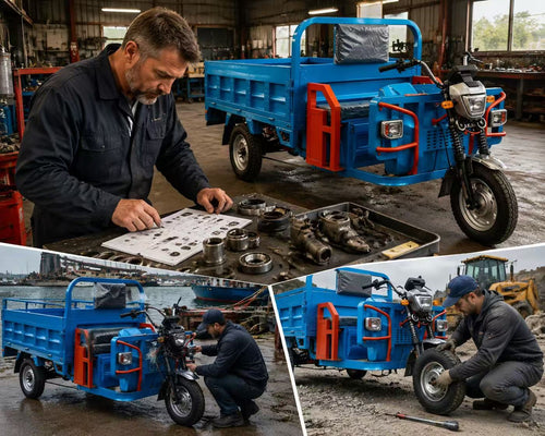 Mechanic checking replacement parts for an electric work trike inside a repair shop