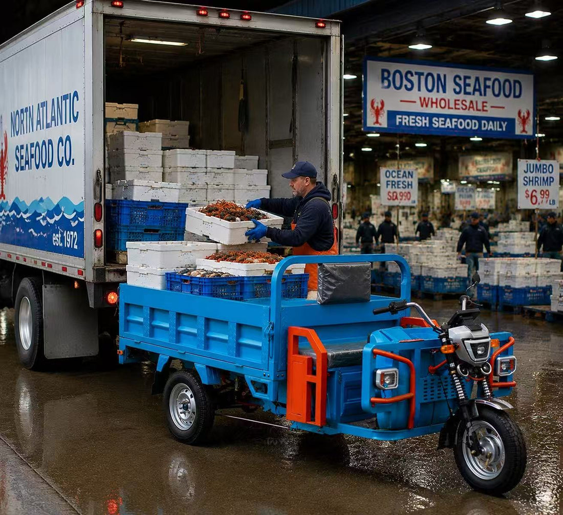 electric trike,seafood hauling cart,market transport vehicle,3‑wheel utility trike