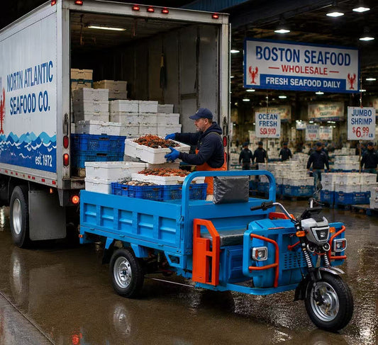 electric trike,seafood hauling cart,market transport vehicle,3‑wheel utility trike