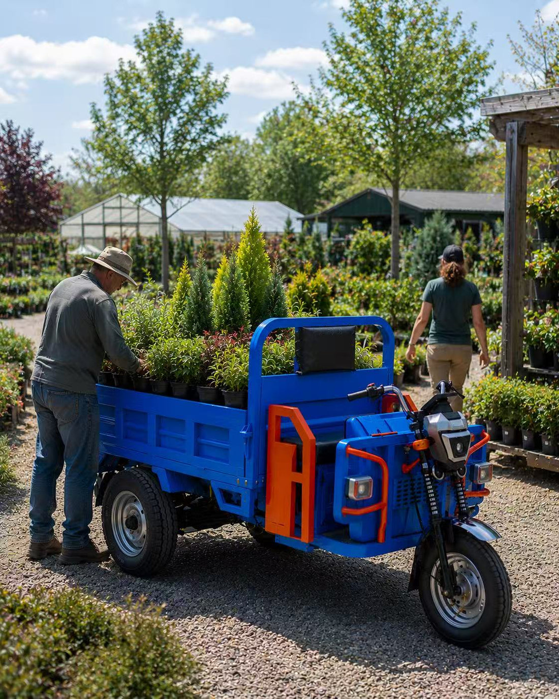 Electric utility vehicle for nursery transportation carrying trees, plants and landscaping materials