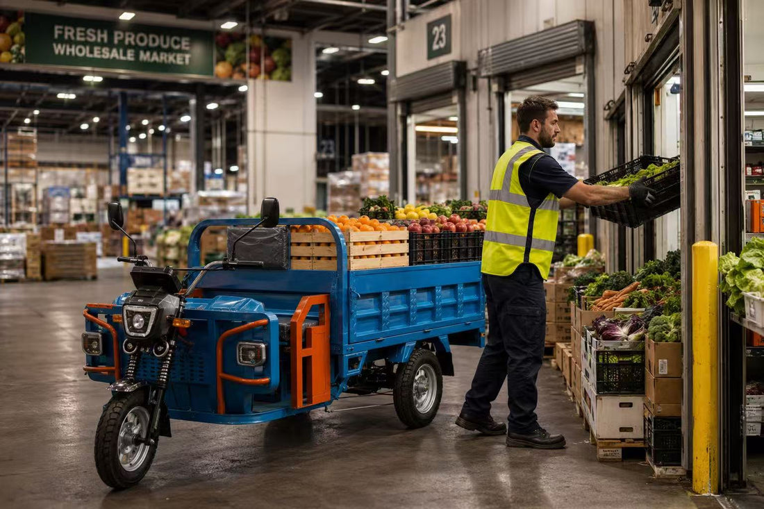 Electric Trike, Wholesale Produce Market, Material Handling, Cross-Docking, Terminal Market, Farm to Store Transport, Cold Chain Logistics, Electric Work Trike, Wholesale Distribution Center