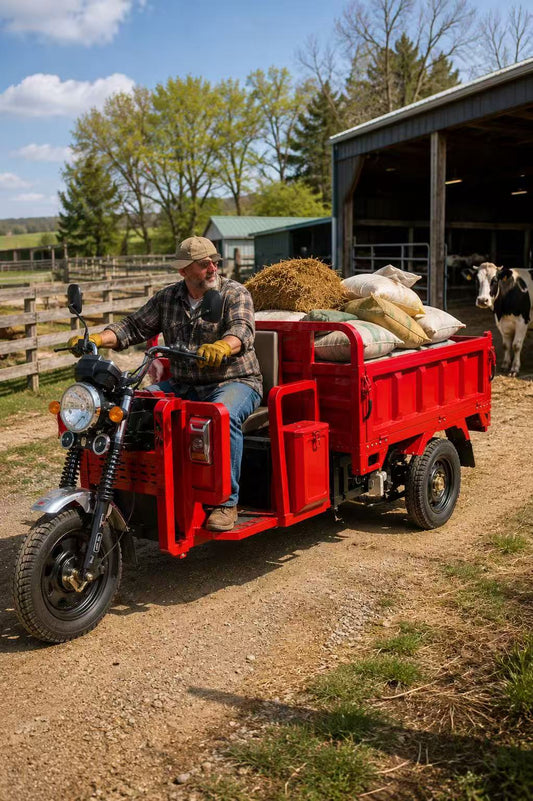 Red electric farm utility trike carrying feed bags for occasional farm use.