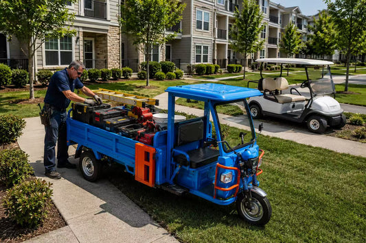  Electric utility vehicle carrying tools beside a passenger golf cart inside an American property community.
