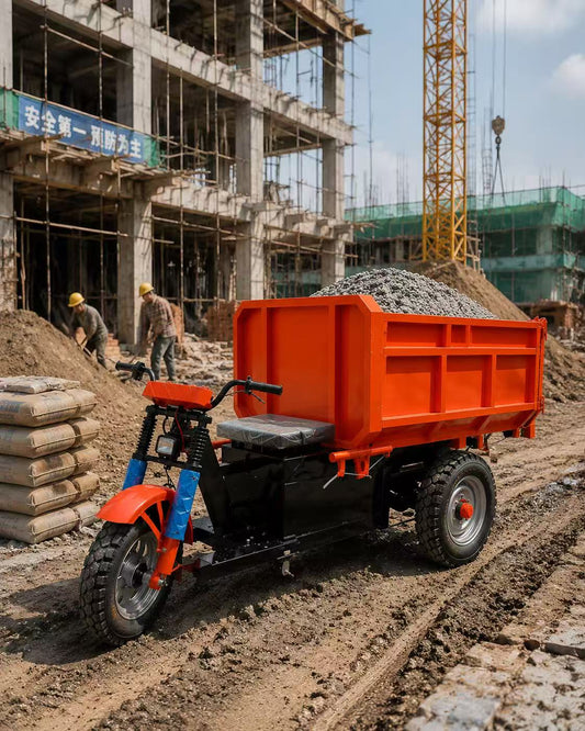 Electric utility tricycle transporting materials on construction site