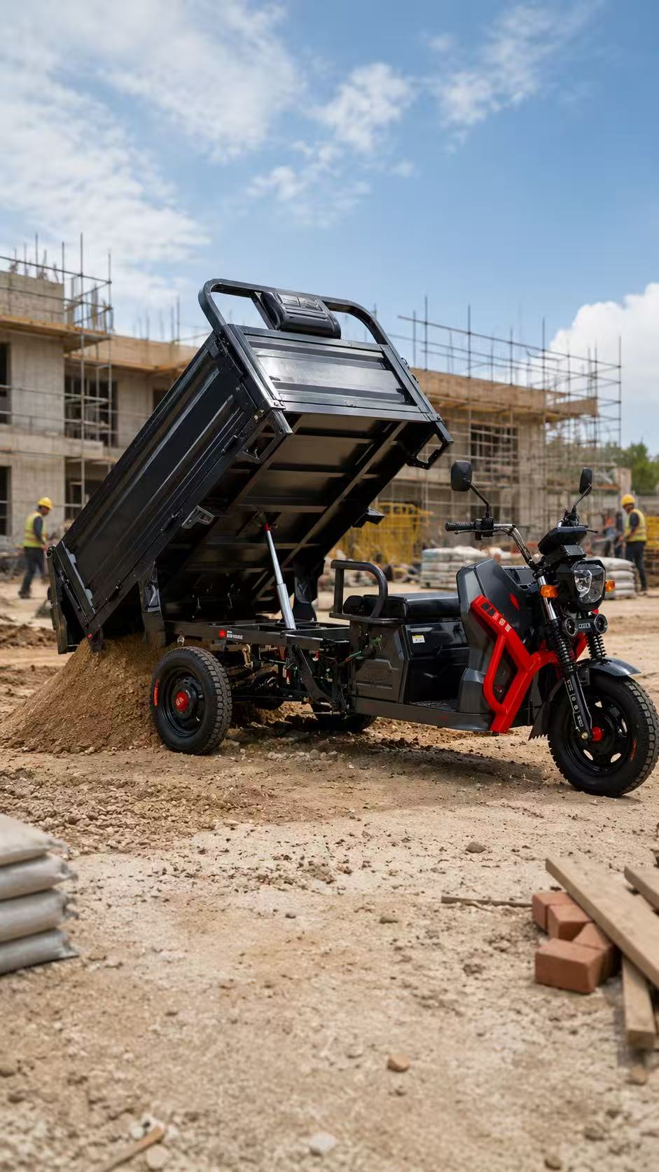 Electric utility vehicle at construction site transporting and dumping construction materials such as sand, bricks and soil