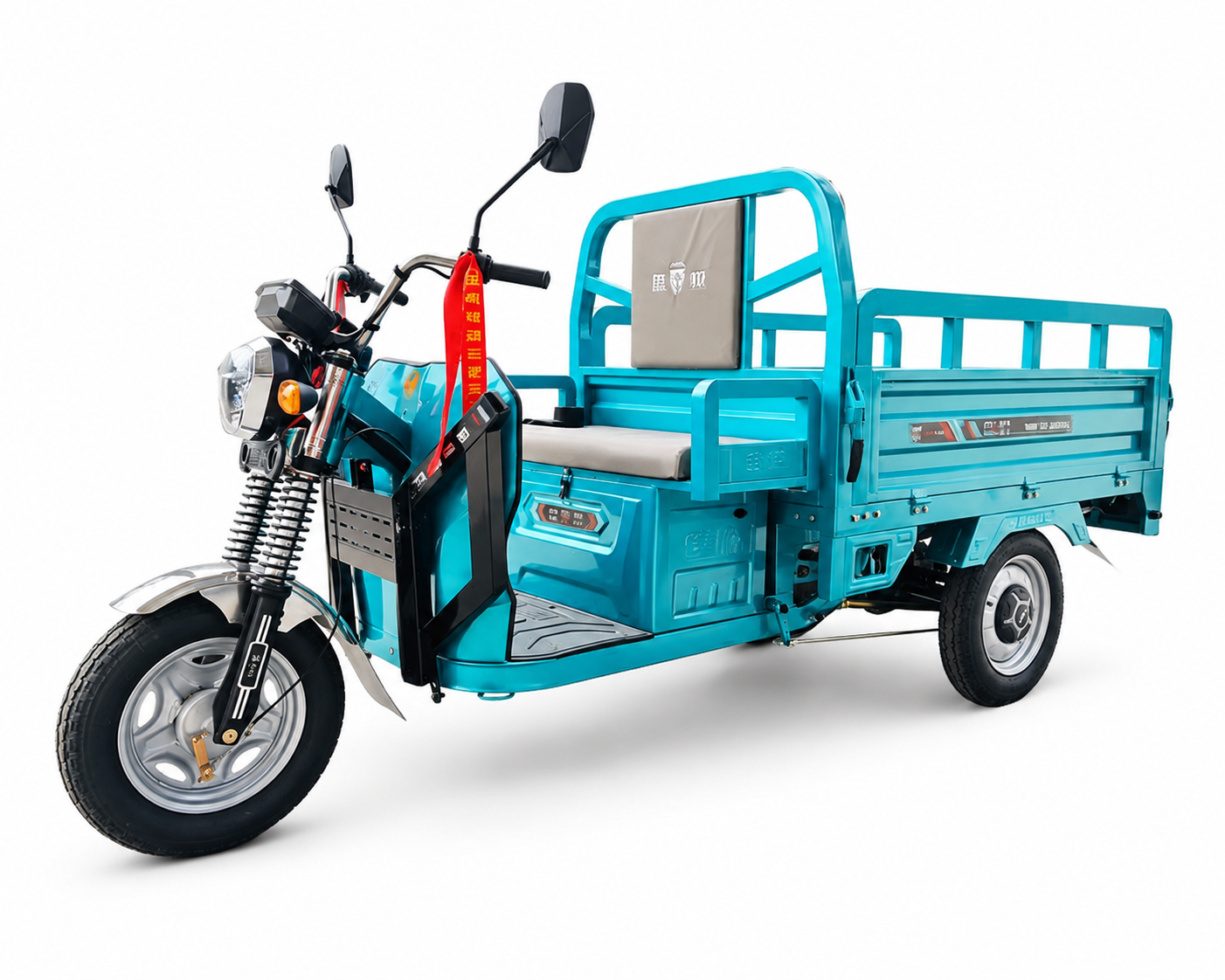 Front-left view of blue electric cargo trike