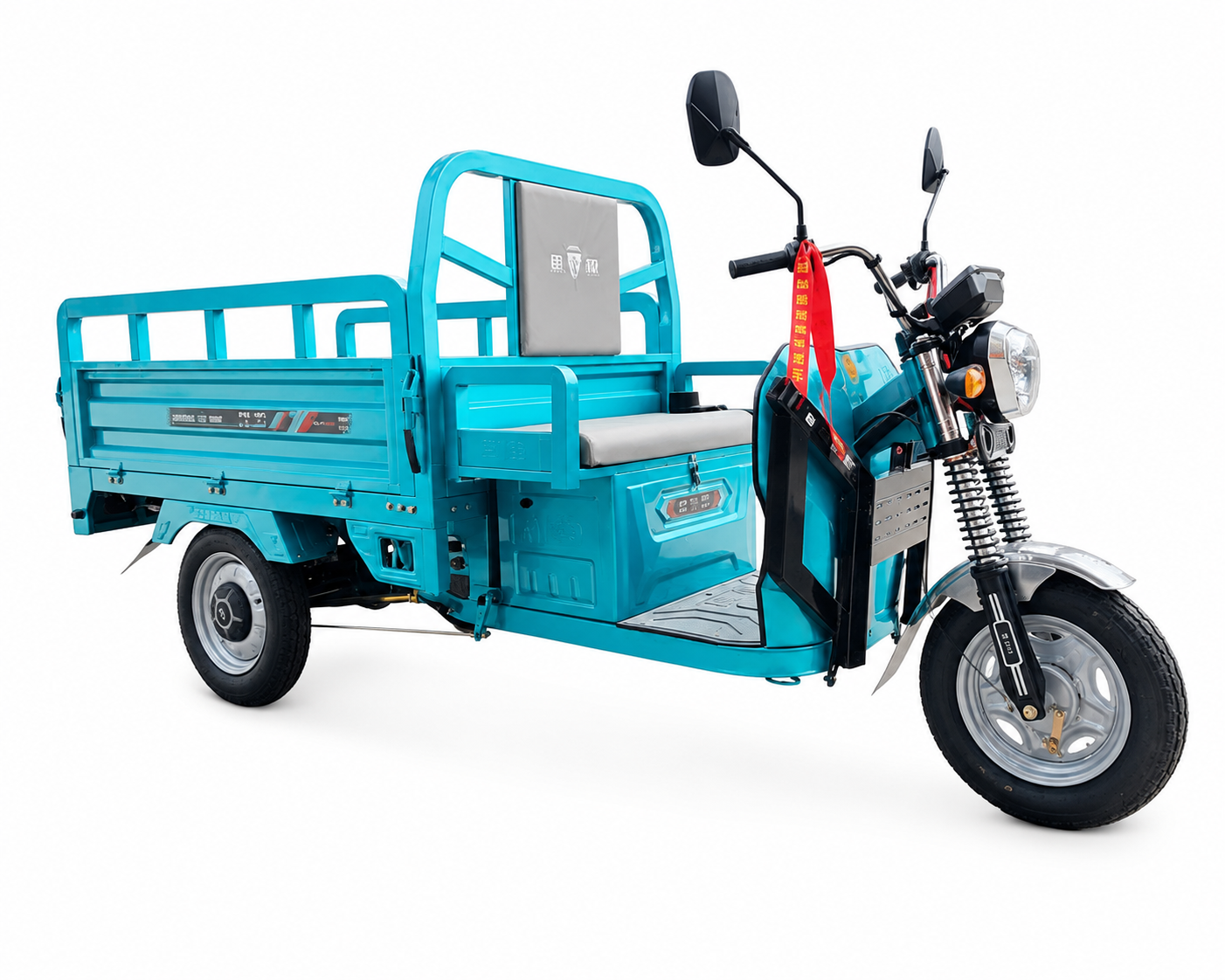Right side view of blue electric cargo trike