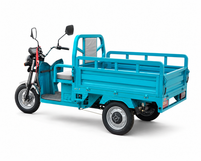 Front-left view of blue electric cargo trike