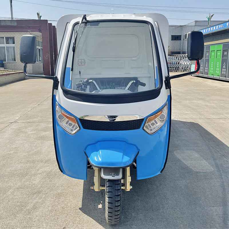 Three-wheeled electric garbage collection vehicle for street properties, residential communities, and schools; a waste-collecting and sanitation dump truck