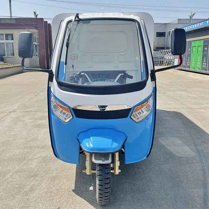 Three-wheeled electric garbage collection vehicle for street properties, residential communities, and schools; a waste-collecting and sanitation dump truck