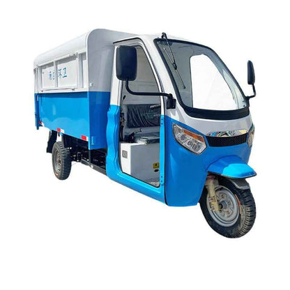 Three-wheeled electric garbage collection vehicle for street properties, residential communities, and schools; a waste-collecting and sanitation dump truck