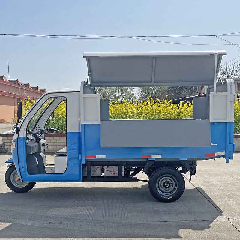 Three-wheeled electric garbage collection vehicle for street properties, residential communities, and schools; a waste-collecting and sanitation dump truck