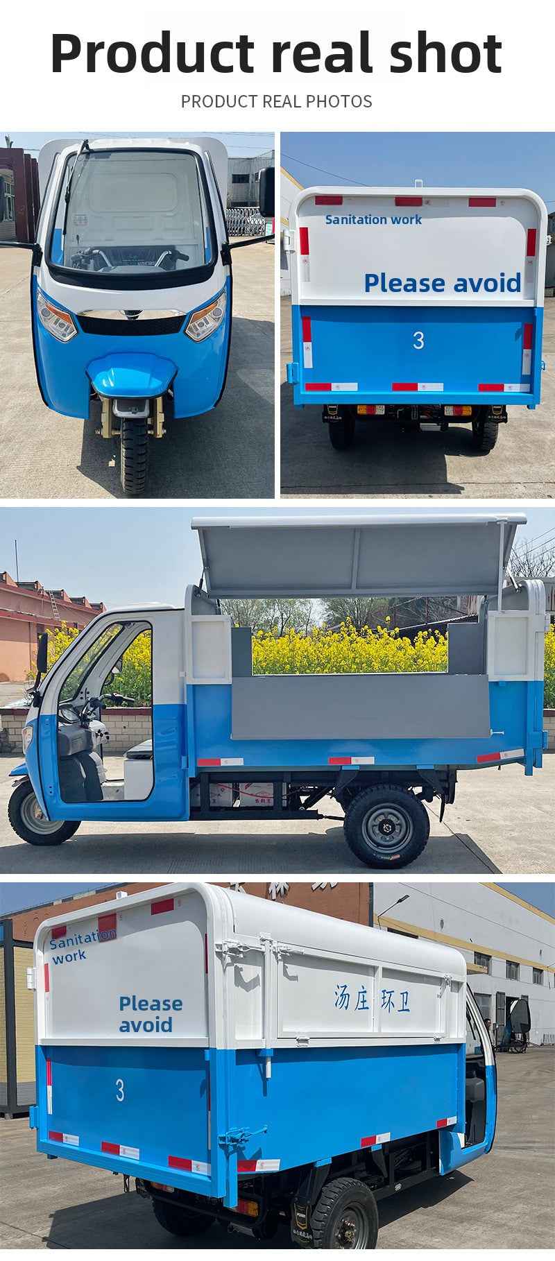 Three-wheeled electric garbage collection vehicle for street properties, residential communities, and schools; a waste-collecting and sanitation dump truck