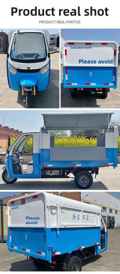 Three-wheeled electric garbage collection vehicle for street properties, residential communities, and schools; a waste-collecting and sanitation dump truck
