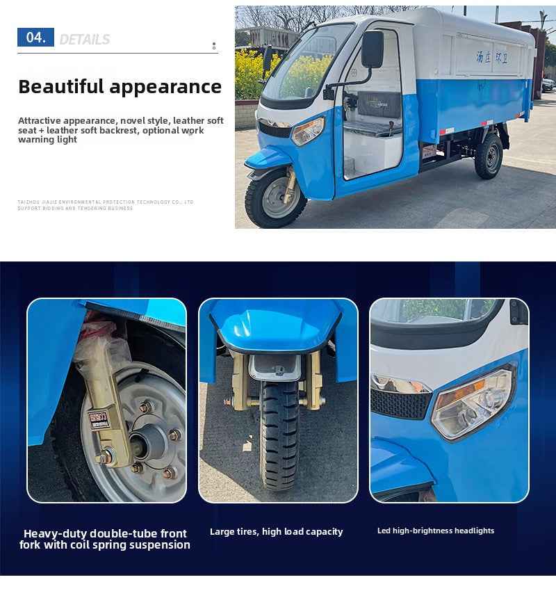 Three-wheeled electric garbage collection vehicle for street properties, residential communities, and schools; a waste-collecting and sanitation dump truck