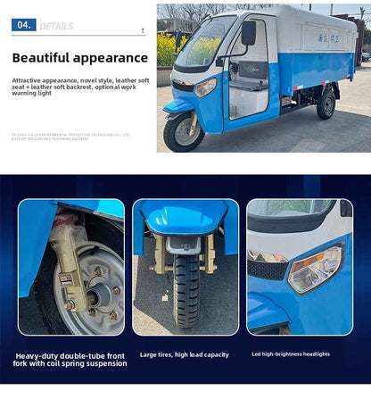 Three-wheeled electric garbage collection vehicle for street properties, residential communities, and schools; a waste-collecting and sanitation dump truck