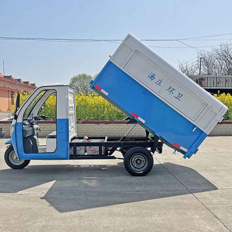 Three-wheeled electric garbage collection vehicle for street properties, residential communities, and schools; a waste-collecting and sanitation dump truck