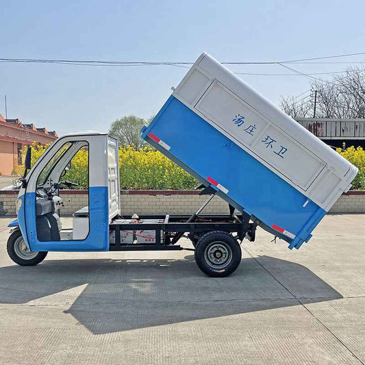 Three-wheeled electric garbage collection vehicle for street properties, residential communities, and schools; a waste-collecting and sanitation dump truck