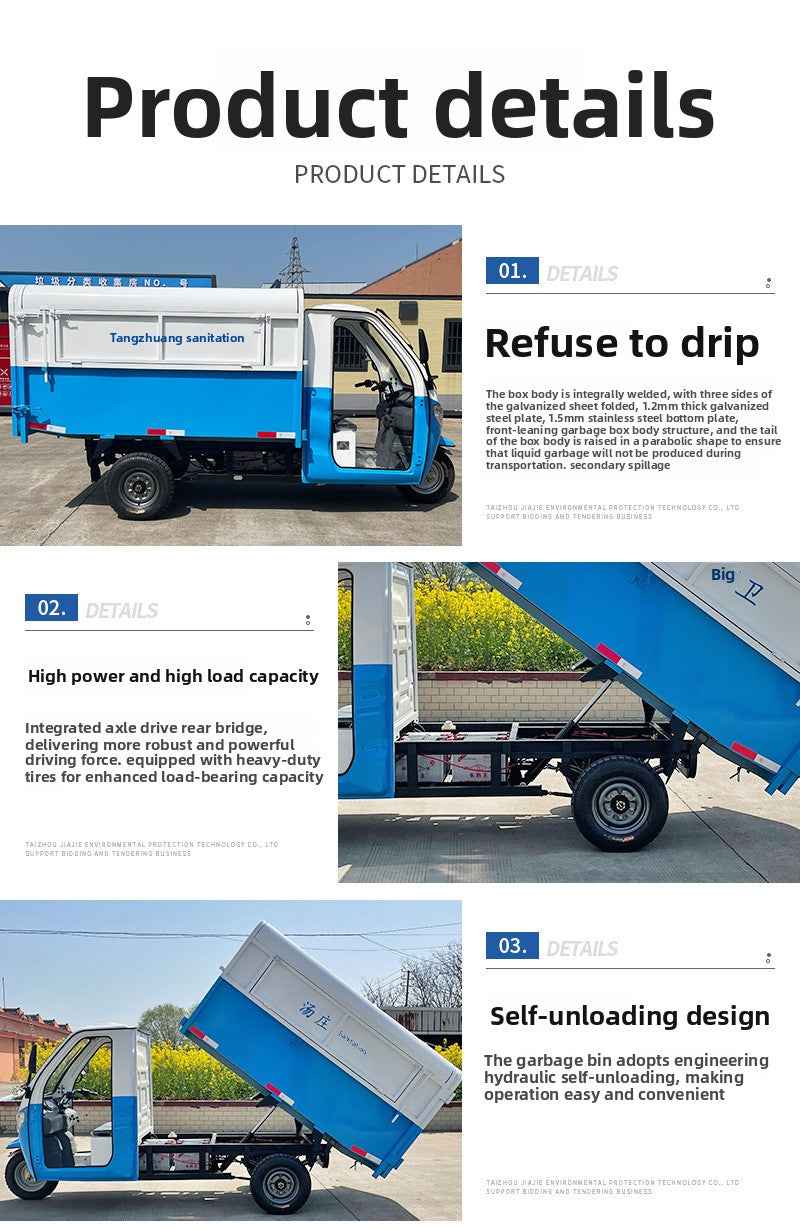 Three-wheeled electric garbage collection vehicle for street properties, residential communities, and schools; a waste-collecting and sanitation dump truck