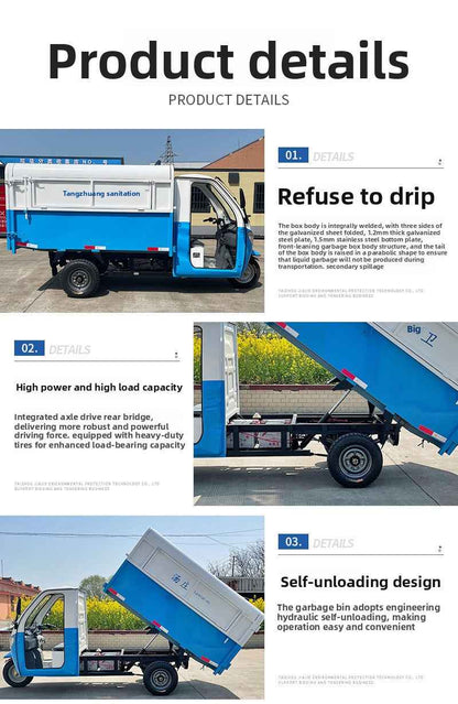 Three-wheeled electric garbage collection vehicle for street properties, residential communities, and schools; a waste-collecting and sanitation dump truck