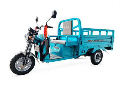 Blue multi-purpose electric cargo trike with open cargo bed