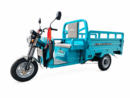 Blue multi-purpose electric cargo trike with open cargo bed